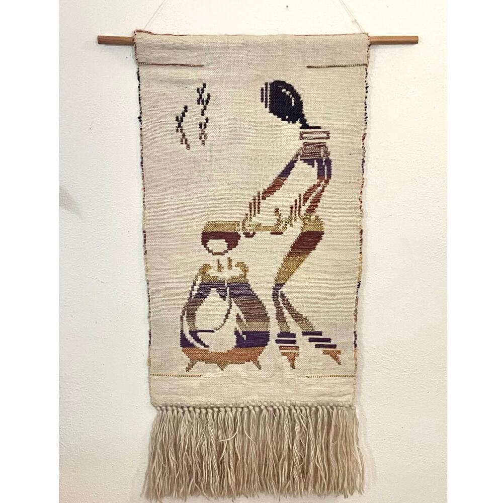 Vintage African Woven Tapestry Woman Cooking Fringe Wool Wall Hanging 39 In